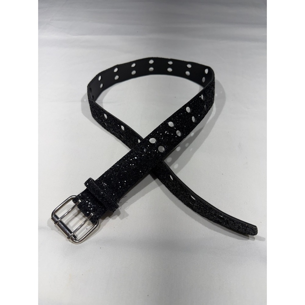 Vintage Y2K Black Glitter Double Grommet Belt Silver Buckle Sparkly Sparkles